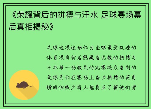 《荣耀背后的拼搏与汗水 足球赛场幕后真相揭秘》